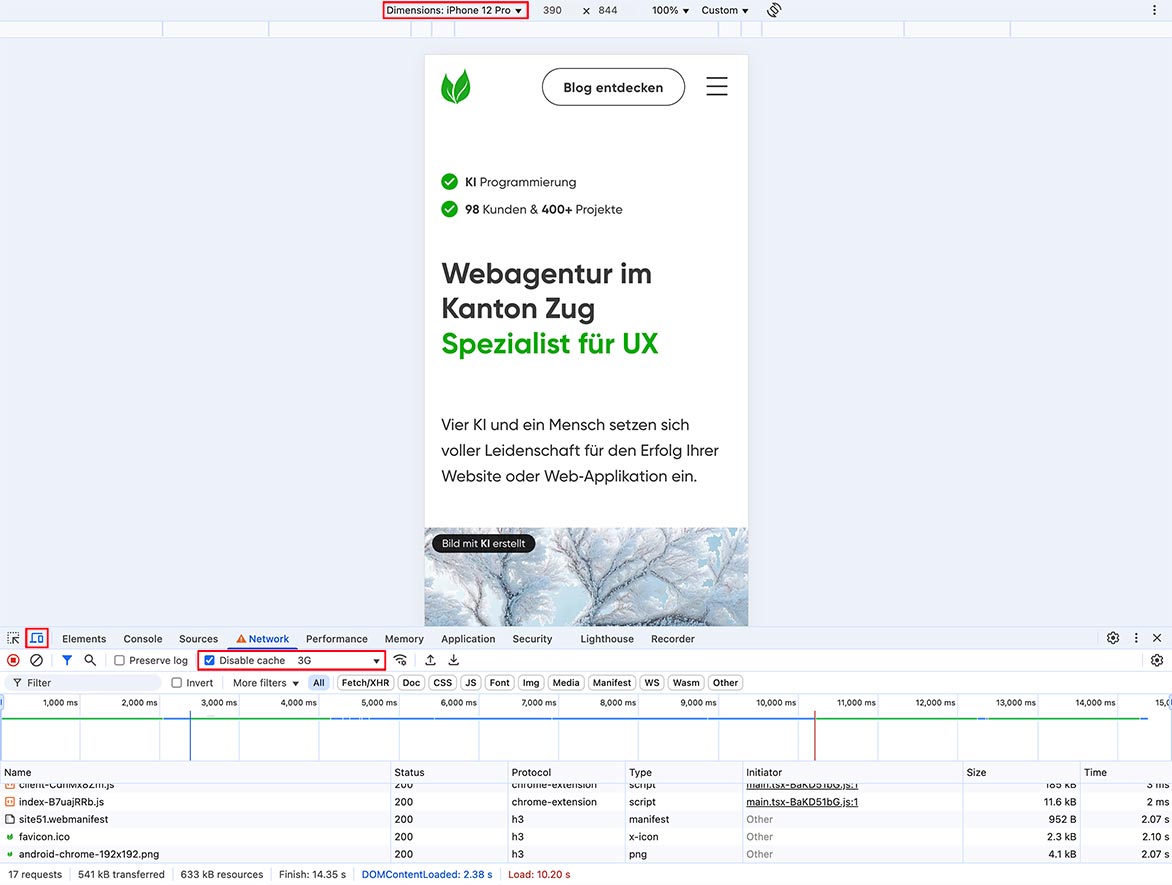 Screenshot DevTools Simulation Ladevorgang