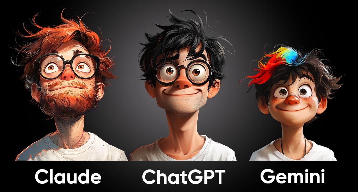 Porträts der drei grossen Sprachmodelle Claude, ChatGPT und Gemini