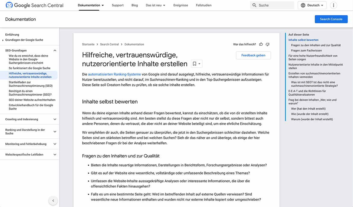 Screenshot der Google Developers Dokumentation