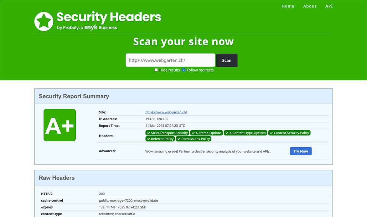 Security Headers Test der Webgarten Website