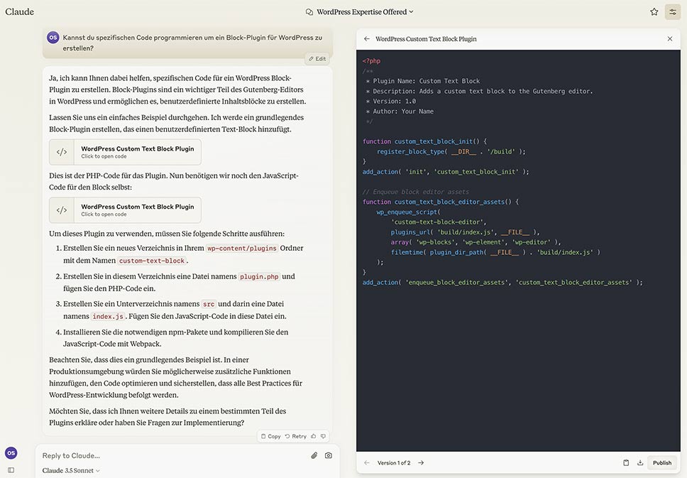 Screenshot: Claude programmiert ein Block-Plugin für WordPress